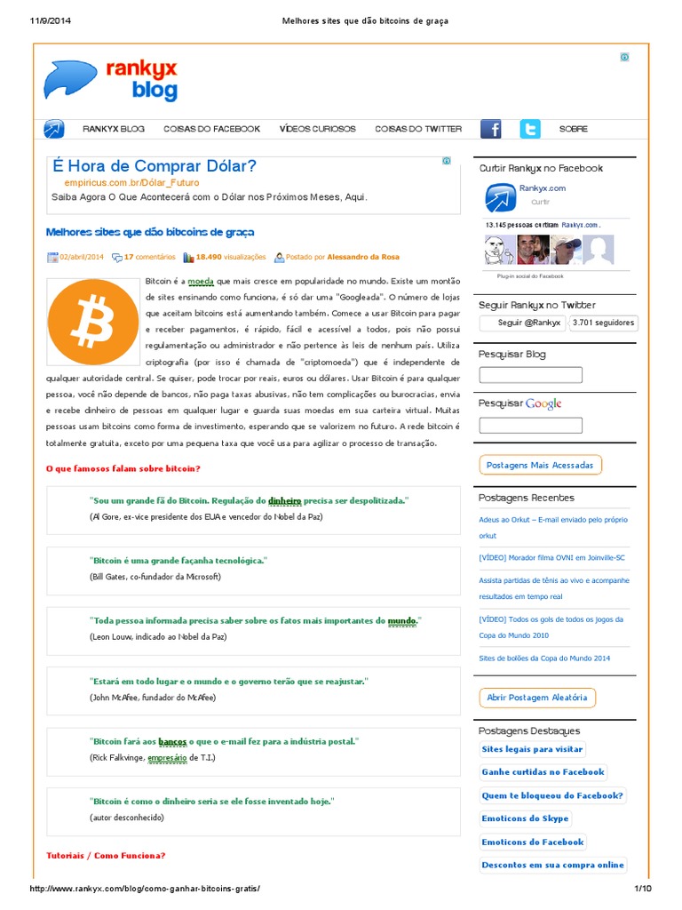 Sites para Ganhar Bitcoins Grátis | PDF | Bitcoin | Facebook