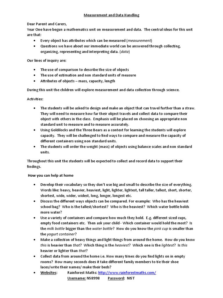 Measurement and Data Handling - Parent Letter | PDF | Measurement | Mass