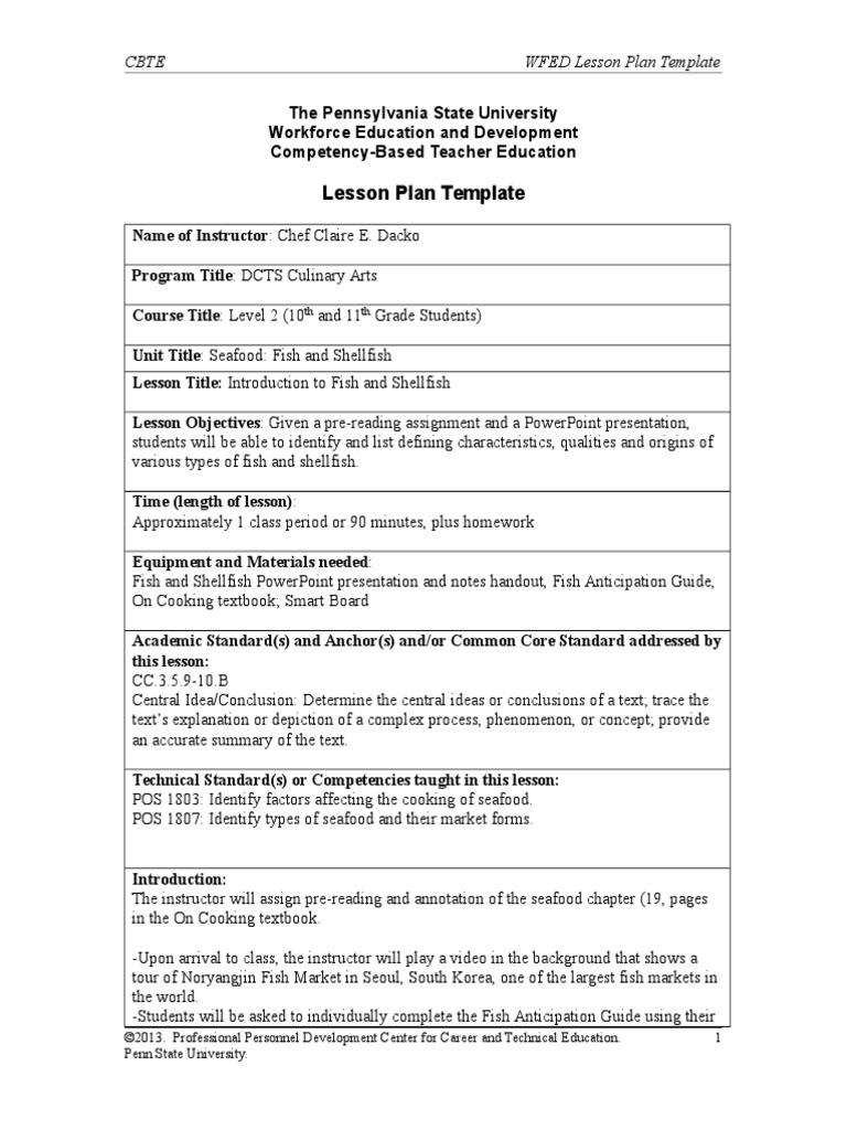 Lesson Plan Fish and Shellfish Identification Use of Assessment Tools