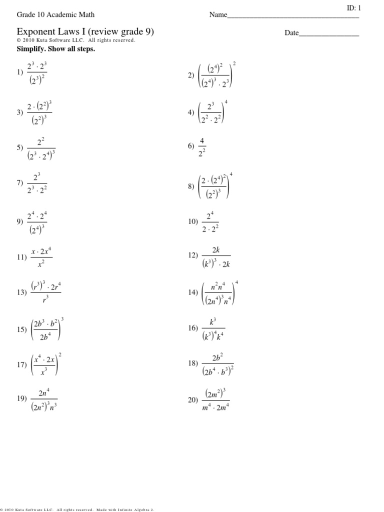 Exponent Laws I Review Grade 9 | Pdf | Accounting