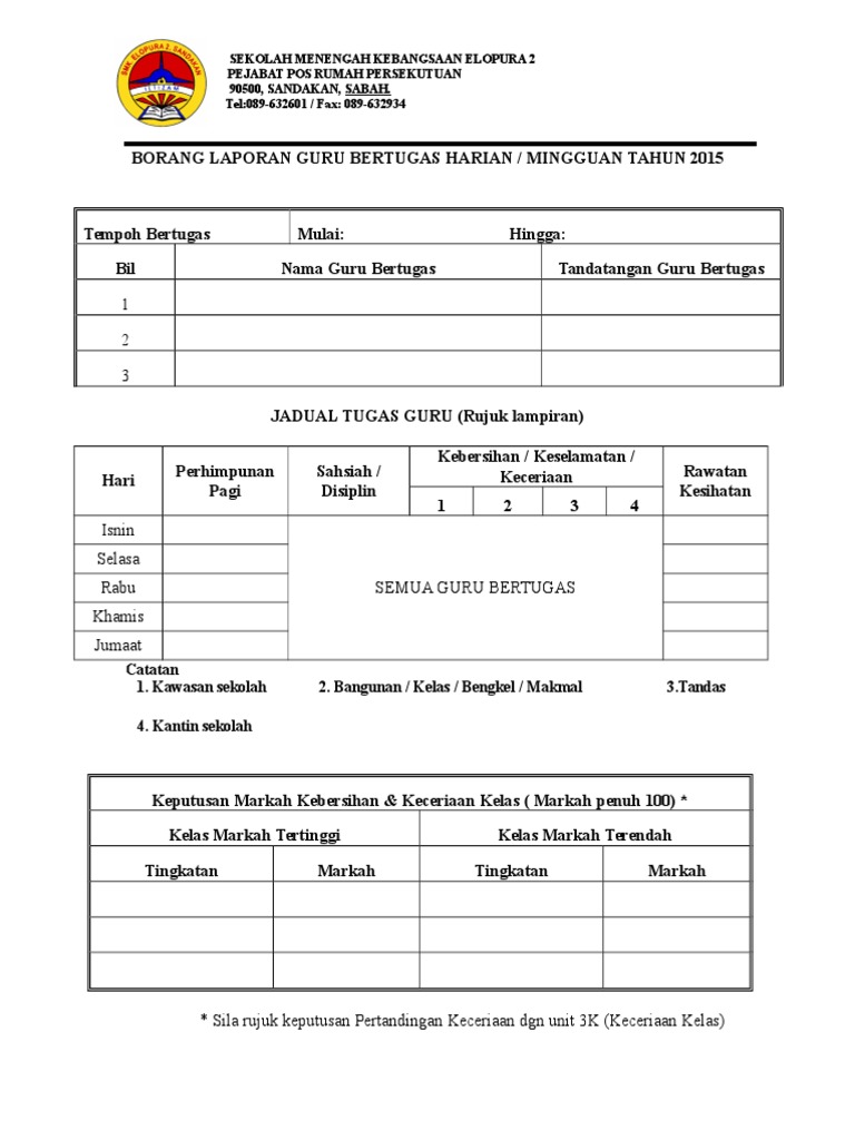 Format Laporan Guru Bertugas Mingguan 2015 Doc