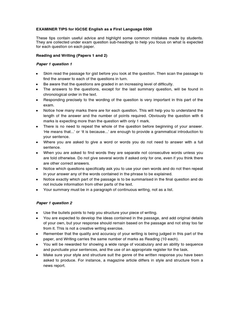 Paper 1 Question 1: EXAMINER TIPS For IGCSE English As A First Language ...