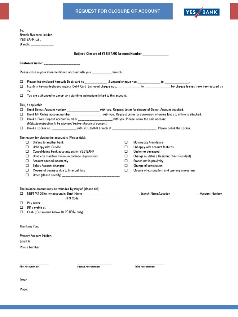 Account Closure Request form yes bank Deposit Account Cheque