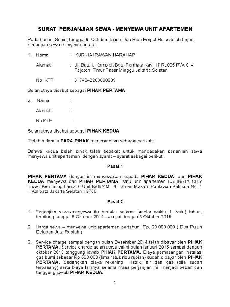 SURAT Perjanjian Sewa Apartemen