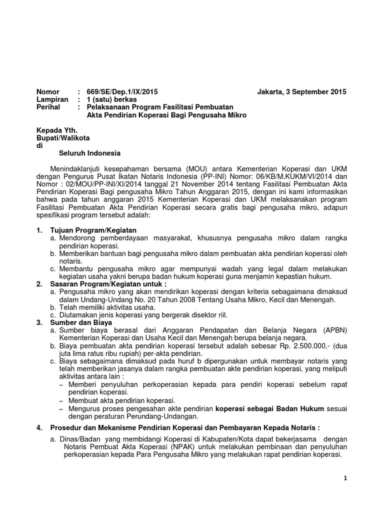 Akta Pendirian Koperasi 01 Surat Edaran Bupati Notaris
