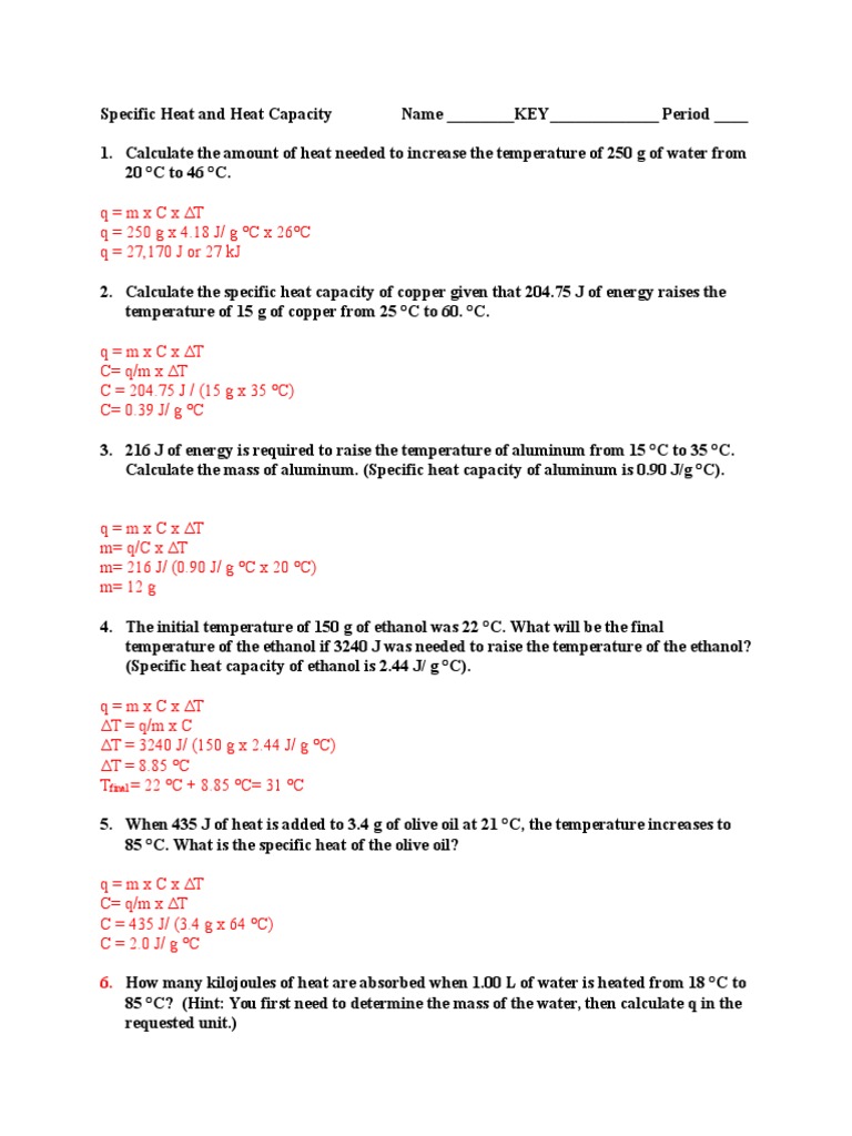Specific Heat Activity Sheet Key