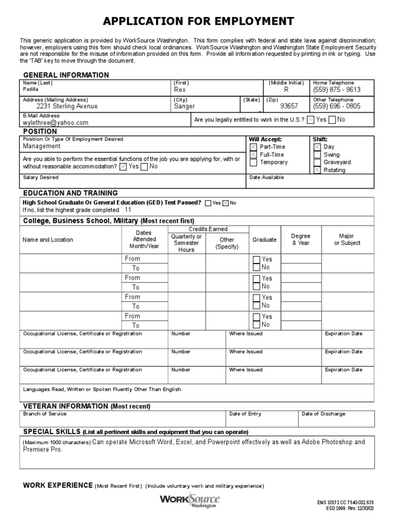 Washington Employment Application Form | PDF | Employment | Government