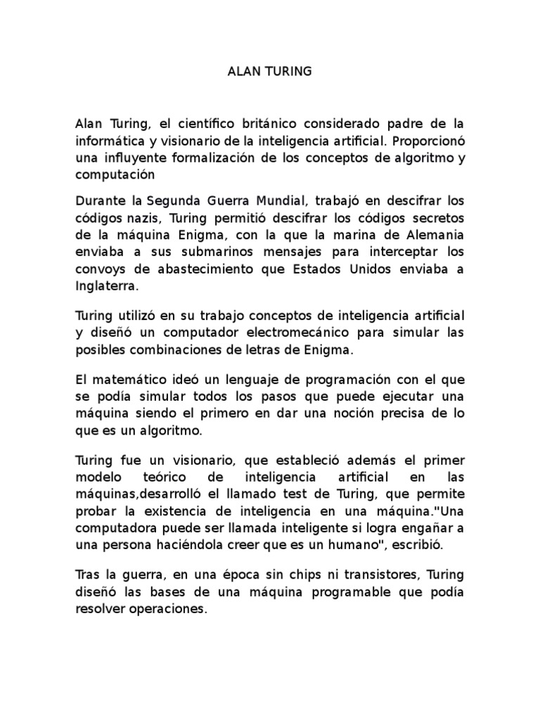 Alan Turing: Pionero de la IA y Criptoanálisis | PDF | Alan Turing ...