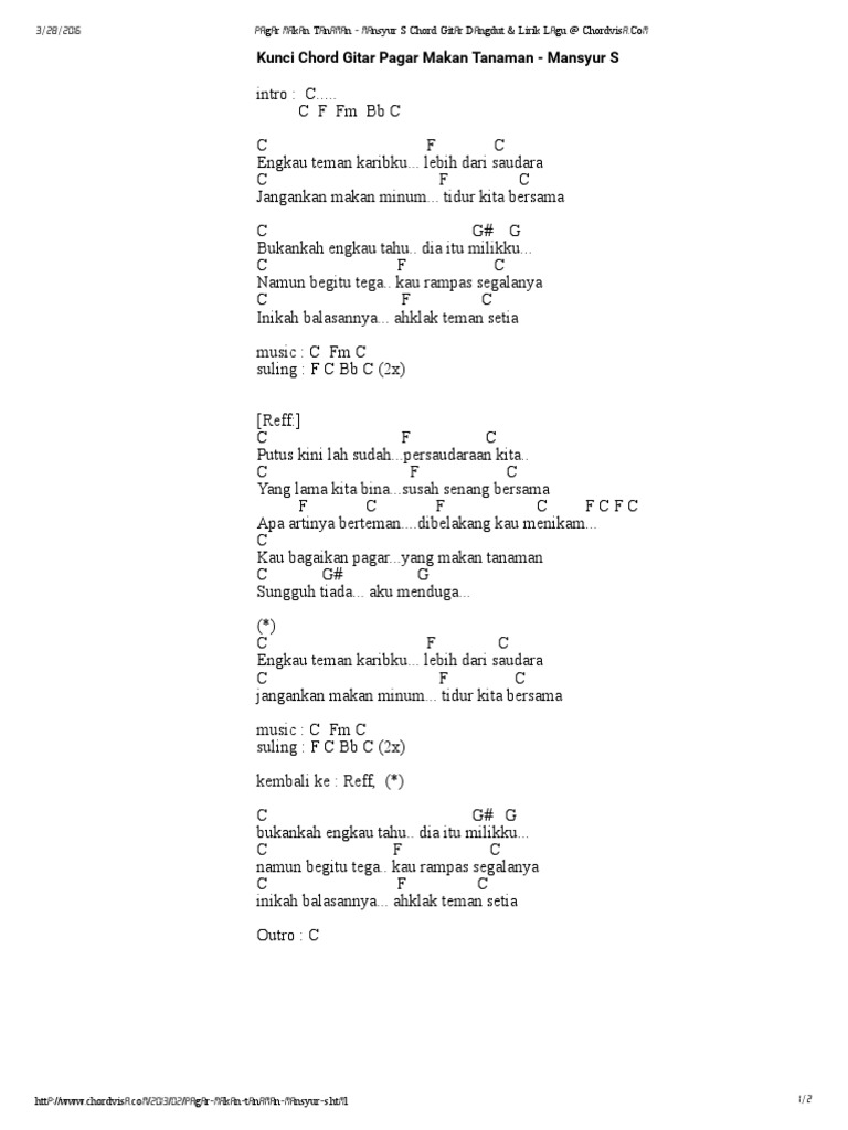 Pagar Makan Tanaman Mansyur S Chord Gitar Dangdut Lirik Lagu At Chordvisa Pdf