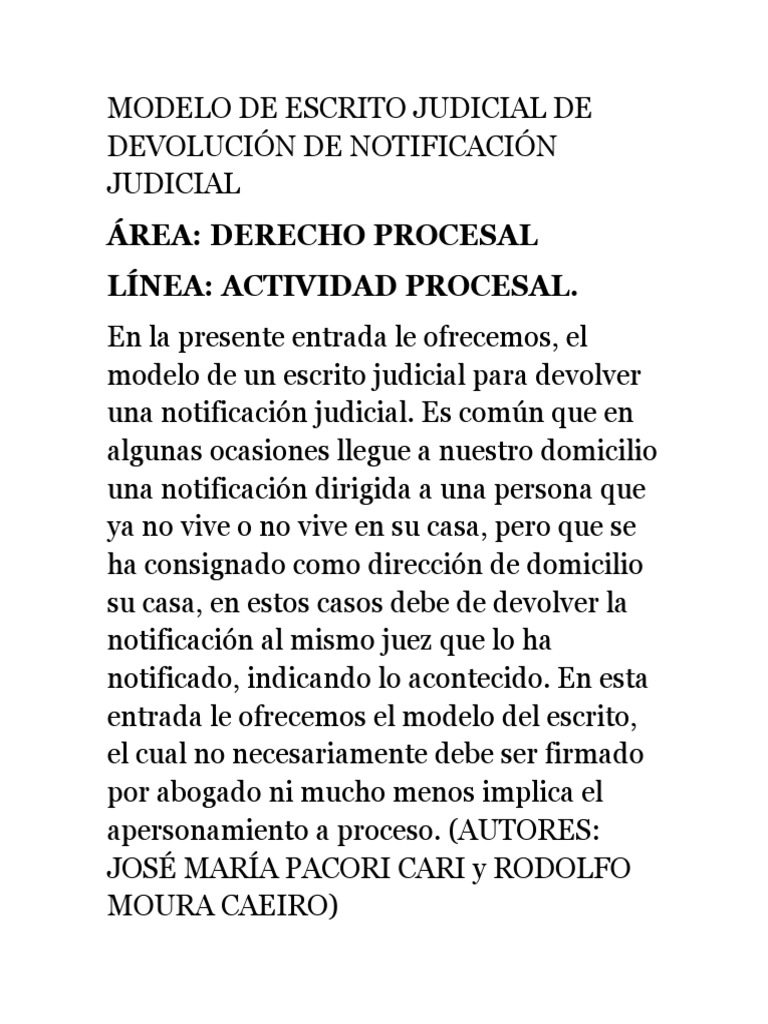 Modelo de Escrito Judicial de Devolución de Notificación 