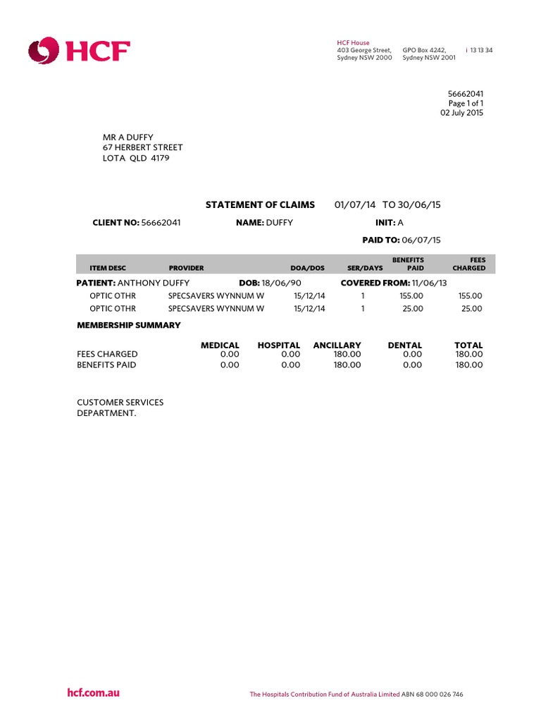 HCF Claims Statement for Anthony Duffy | PDF