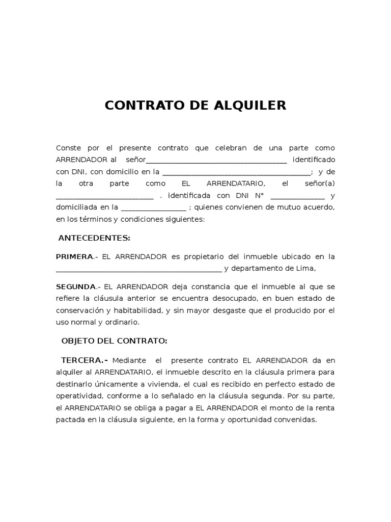 Contrato de Arrendamiento Para Imprimir Alquiler Pagos