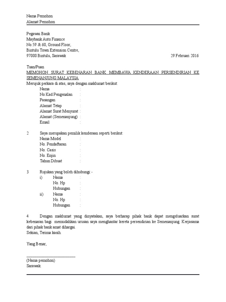 Format Surat Memohon Surat Kebenaran Bank