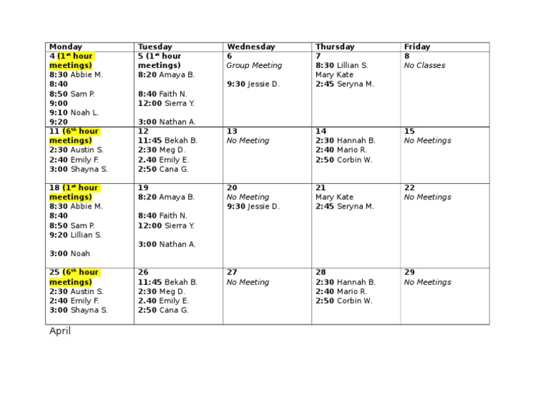 April Meeting Schedule Overview | PDF