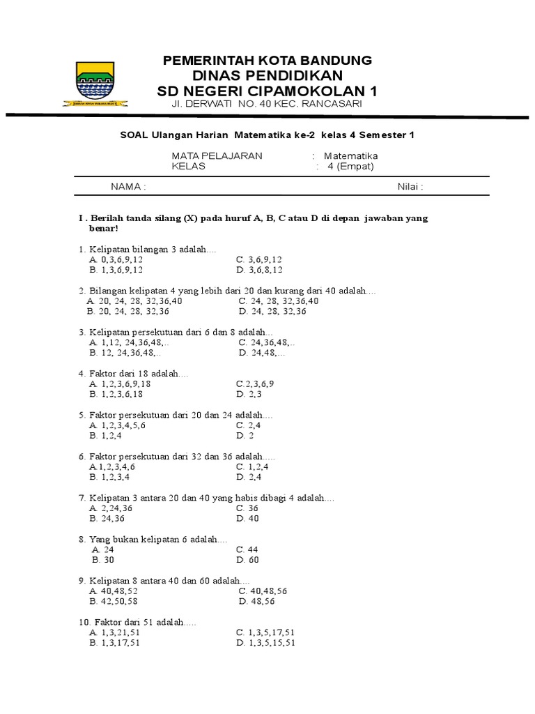 Soal ULANGAN HARIAN KE-2 Matematika Kelas 4 Semester 1