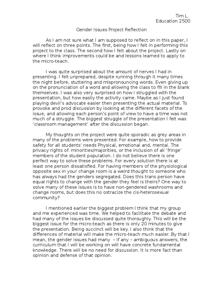 Class 1 Gender Project Reflection | PDF | Gender | Gender Studies