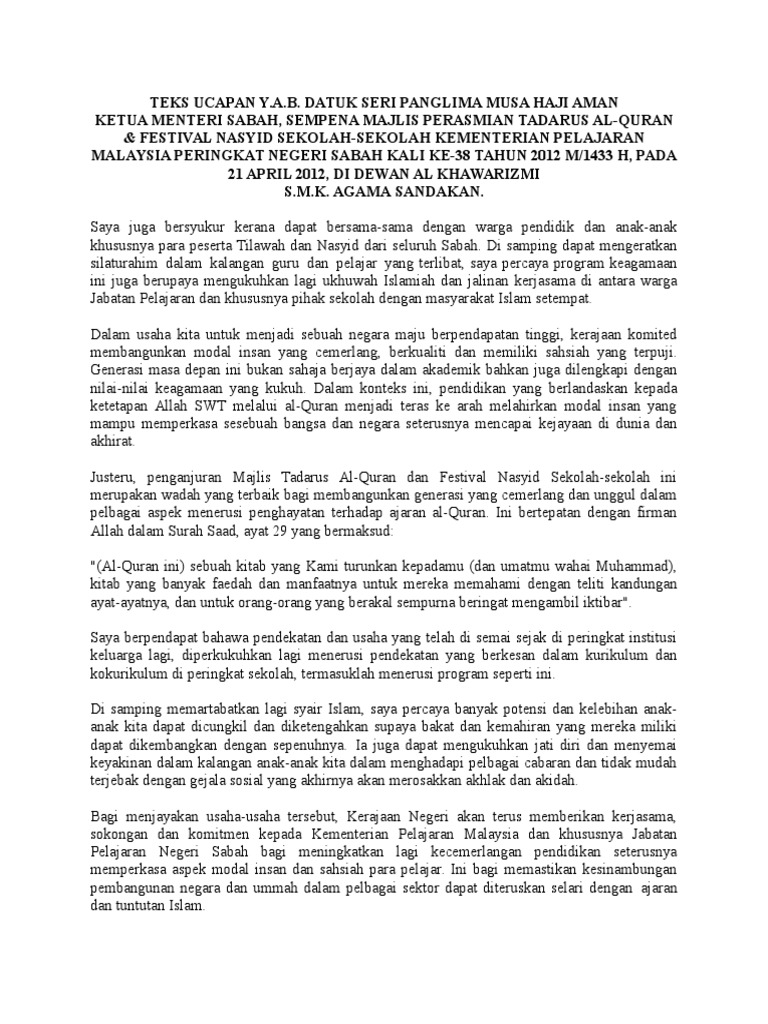 Teks Ucapan Perasmian Mtq Pdf