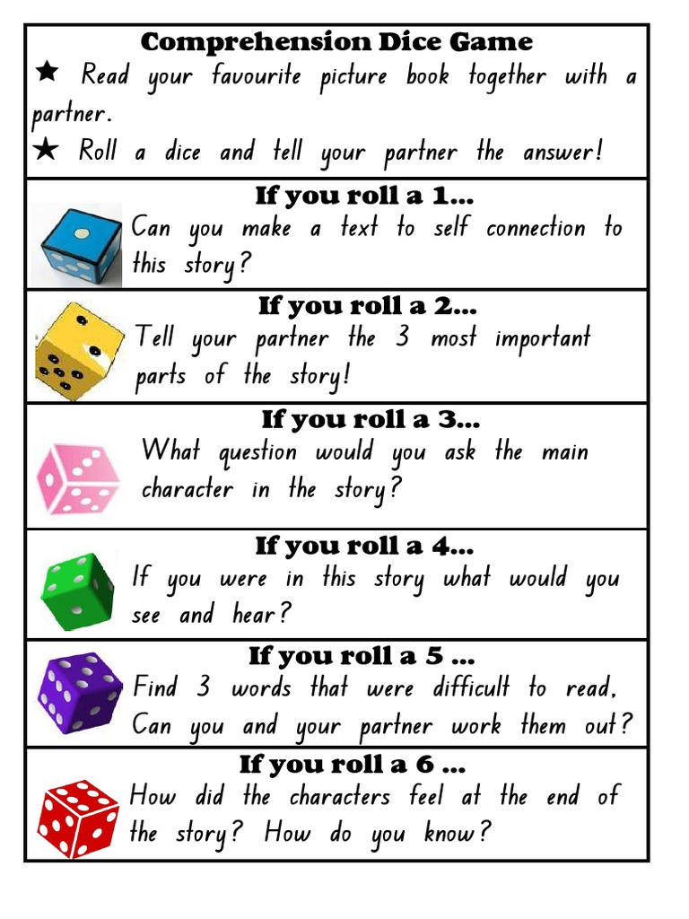 Reading Comprehension Dice Game Grades K | PDF