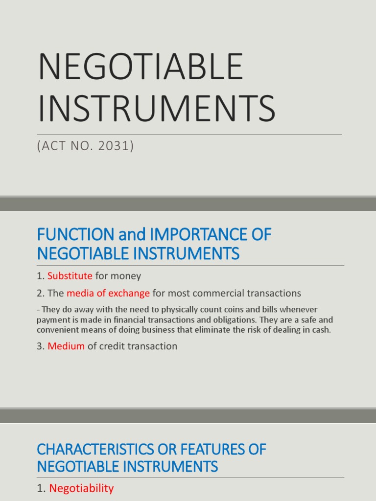 Features of Negotiable Instruments | PDF | Negotiable Instrument ...