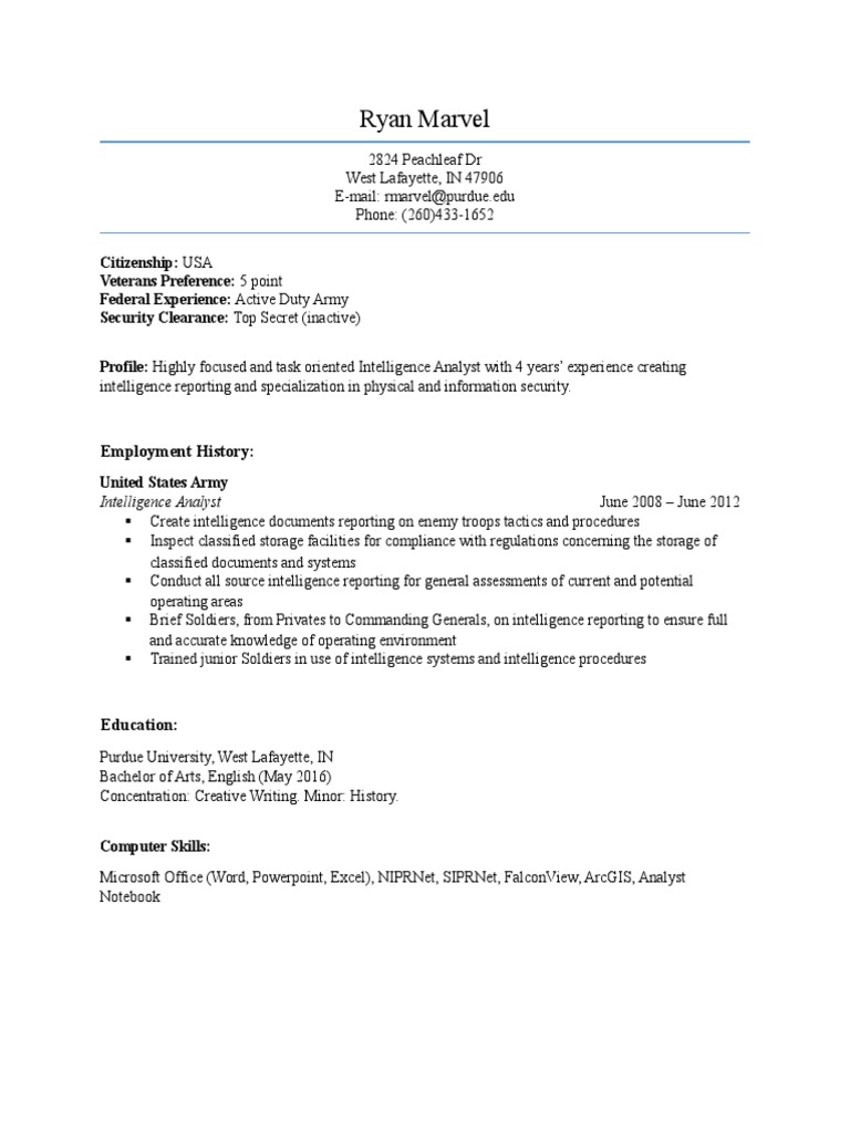 Intelligence Analyst Resume - Ryan Marvel | PDF