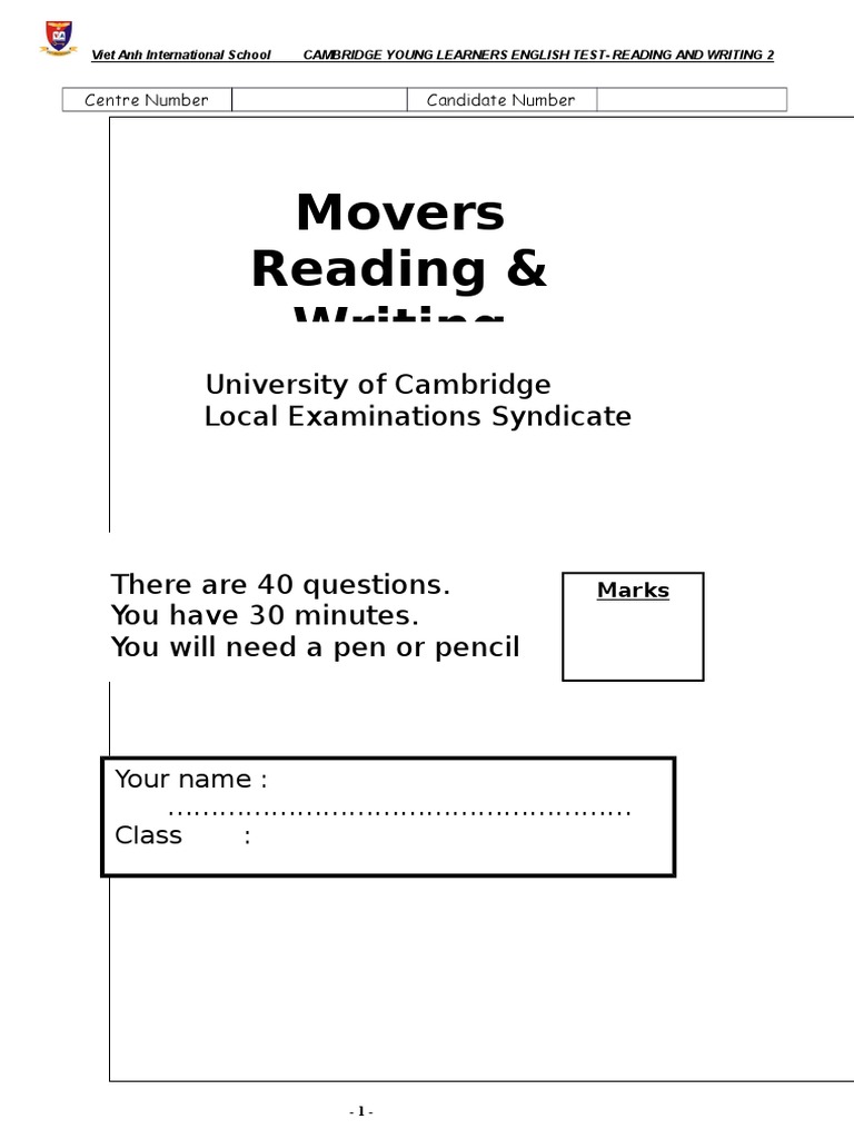 Movers Reading and Writing Test PDF Circus