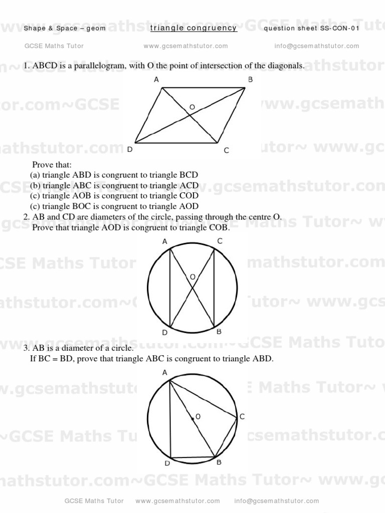 Triangle Congruency Worksheet, geometry revision from GCSE Maths Tutor