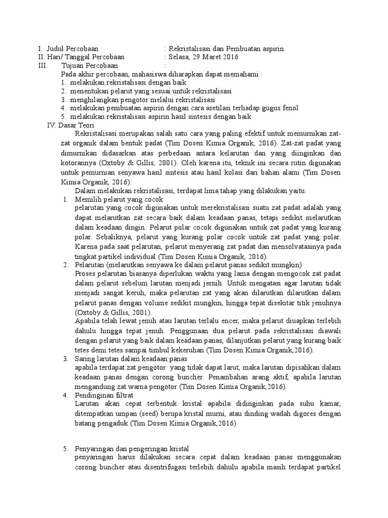 Laporan Rekristalisasi Dan Aspirin PDF