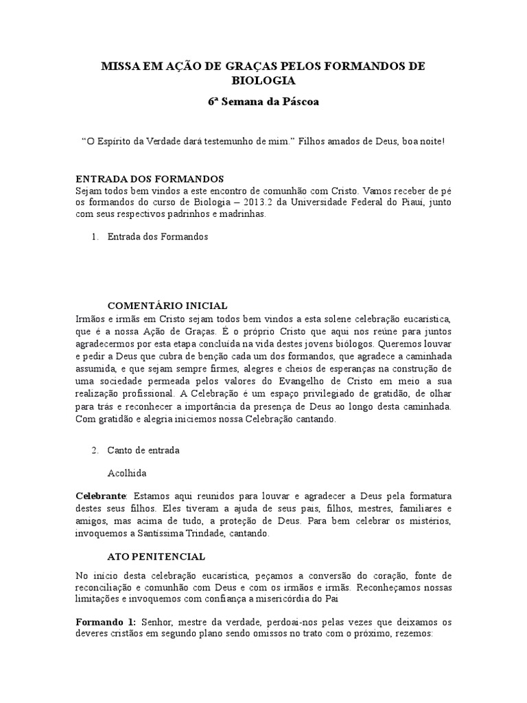 Canto De Entrada Para Missa De Formatura Missa Em Acao De Gracas Pelos Formandos De Biologia Docx Missa Liturgia Oracao