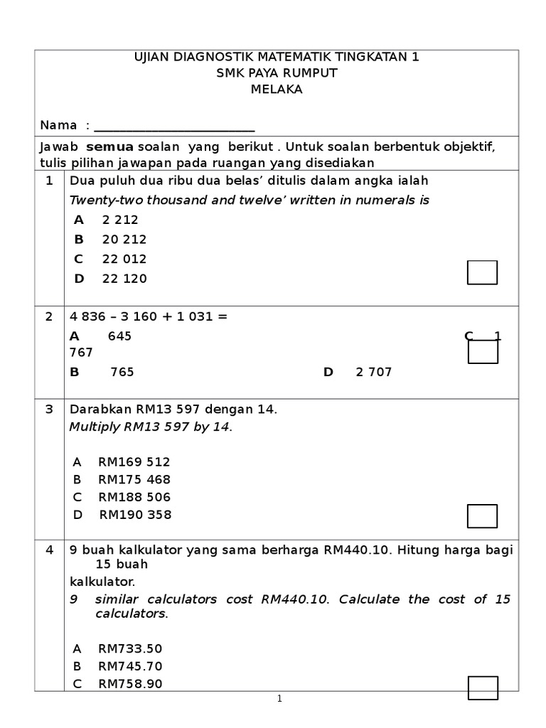 Ujian Diagnostik Matematik Tingkatan 1  PDF
