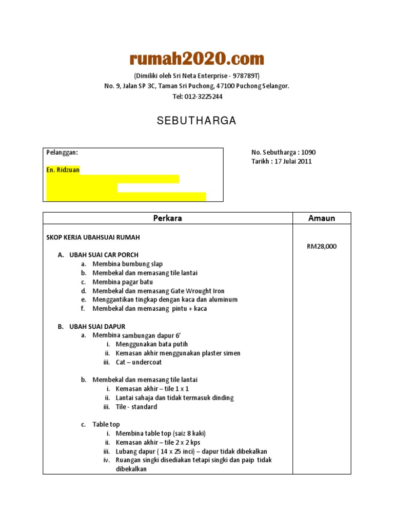 Sebut Harga Ubahsuai Rumah RM28,000 | PDF