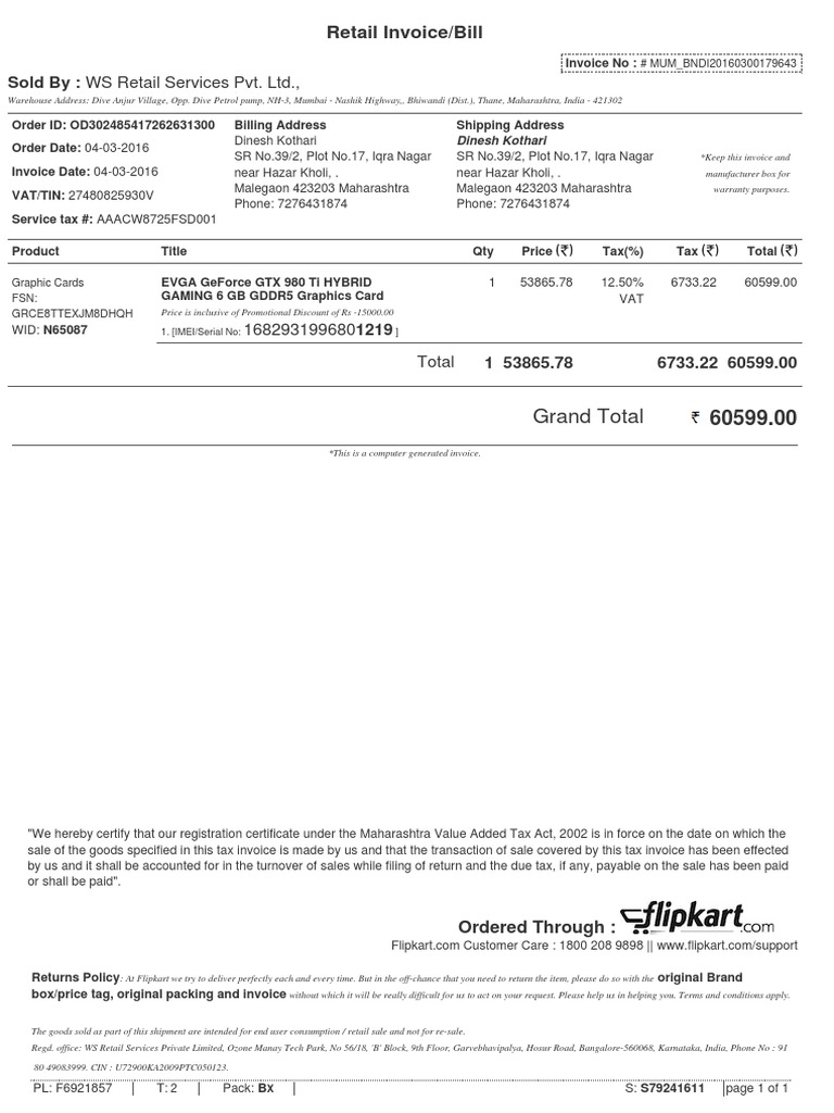 Invoice for EVGA GTX 980 Ti Purchase | PDF | Business