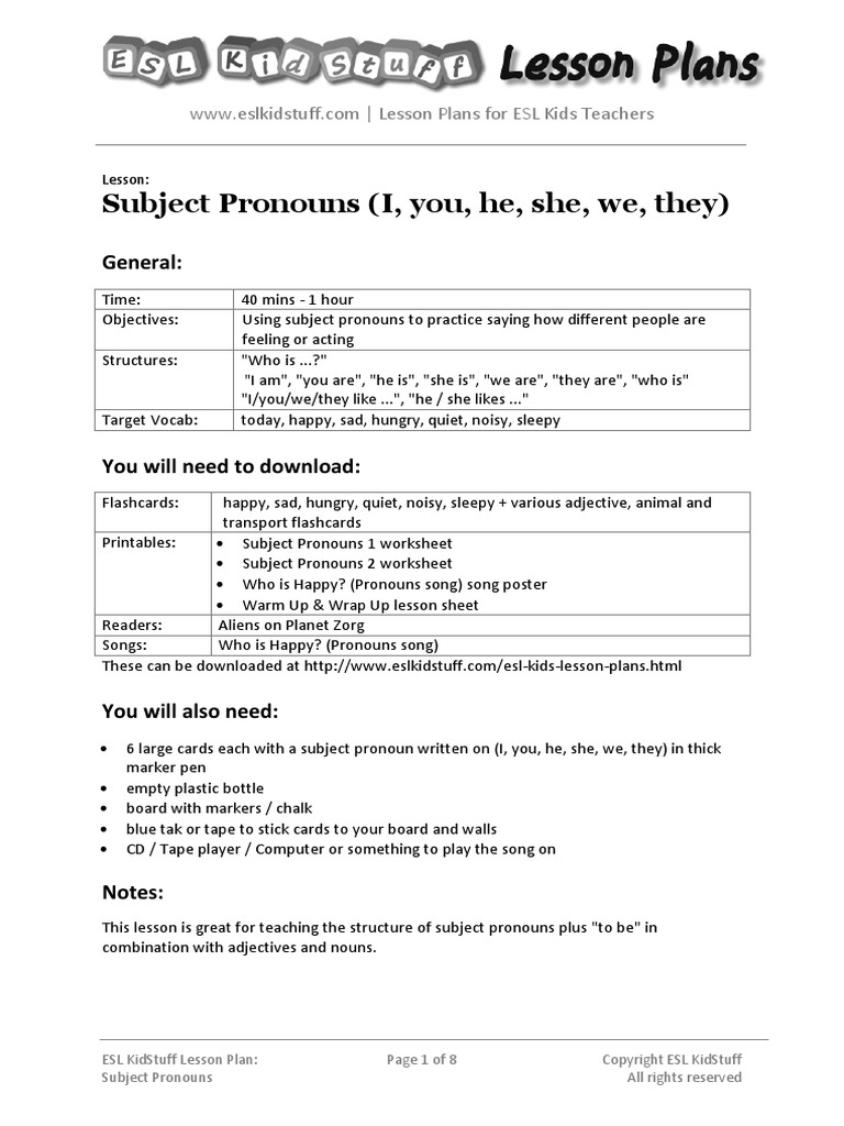 worksheet Esl Subject Pronouns Worksheet subject pronouns lesson plan english as a second or foreign language