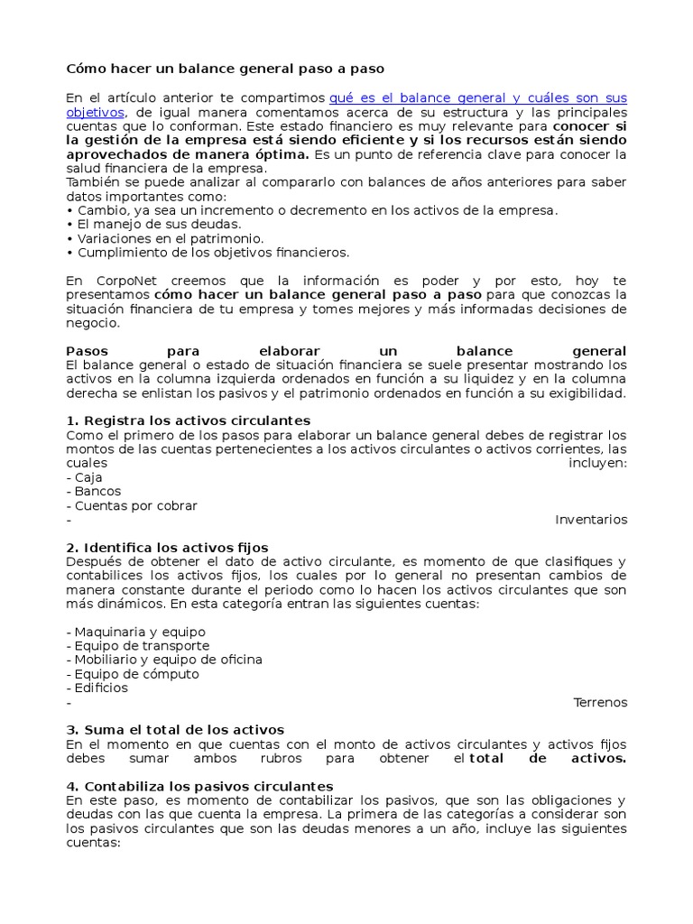 Cómo elaborar un balance general paso a paso | PDF | Hoja de balance ...