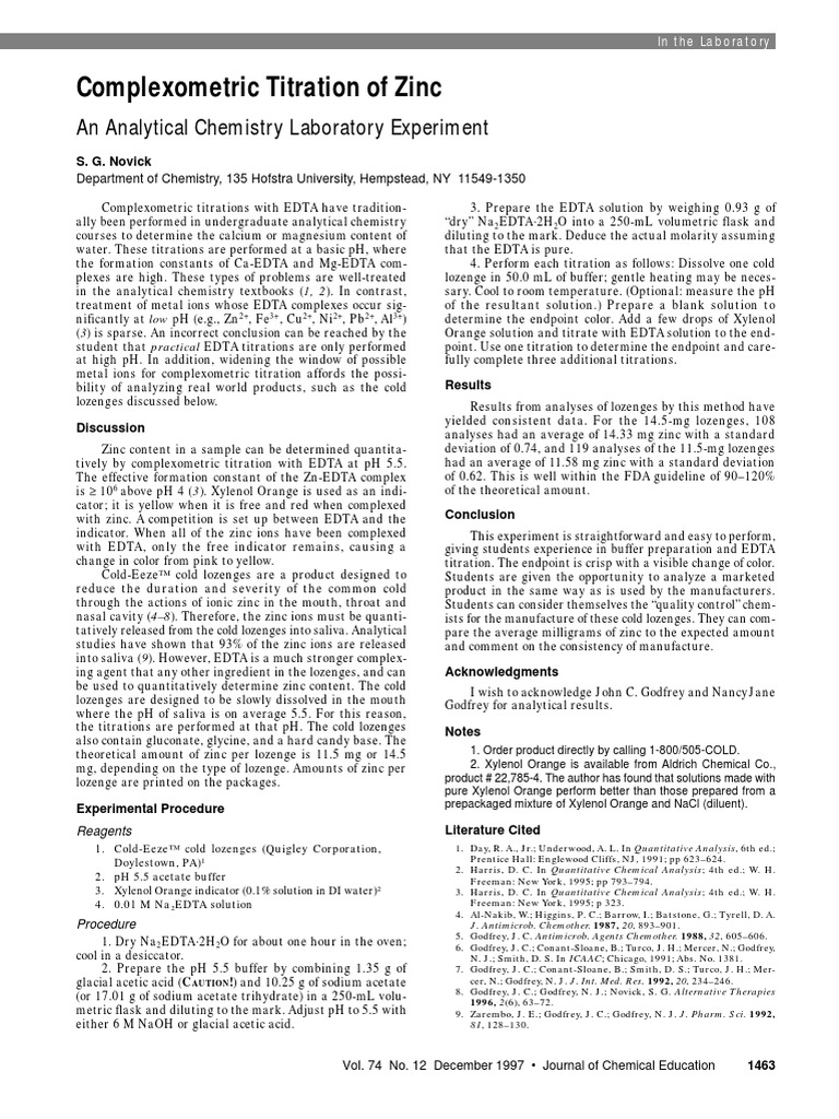 Complexometric Titration of Zinc PDF Acid Titration