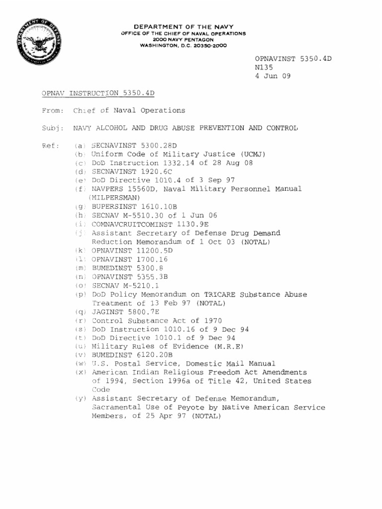 OPNAV INSTRUCTION 5350.4D Driving Under The Influence Substance Abuse