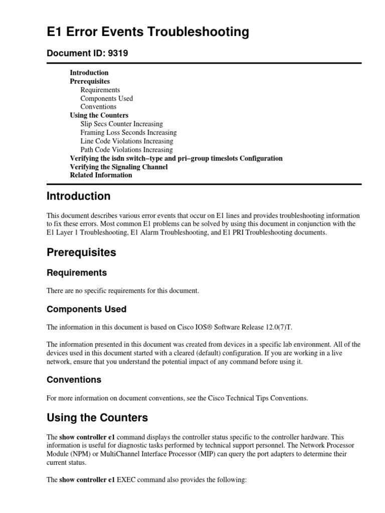 E1 Error Events Troubleshooting: Document ID: 9319 | PDF ...
