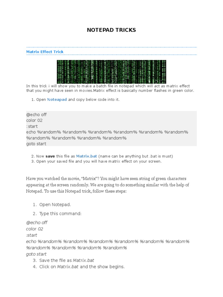 Notepad Tricks: Matrix Effect Trick | PDF | Computer Virus | Computer File