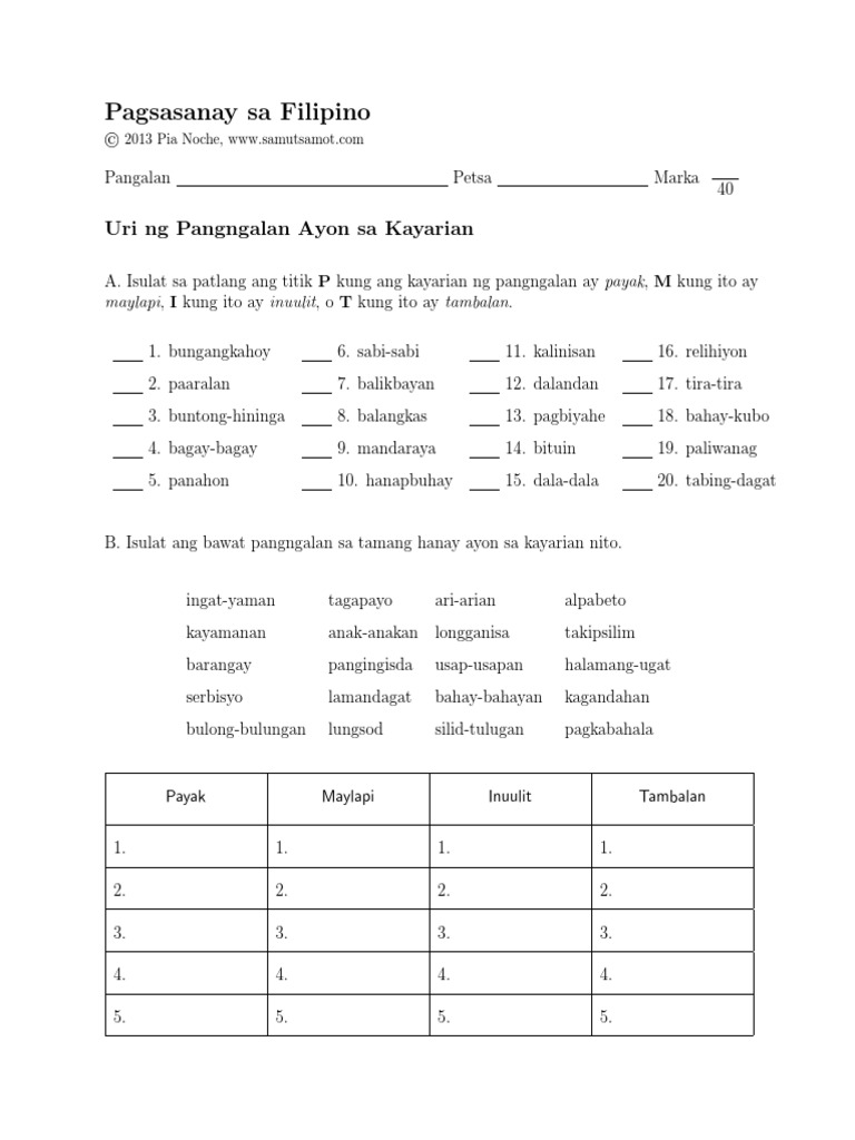 Pagsasanay sa Filipino: Uri ng Pangngalan Ayon sa Kayarian