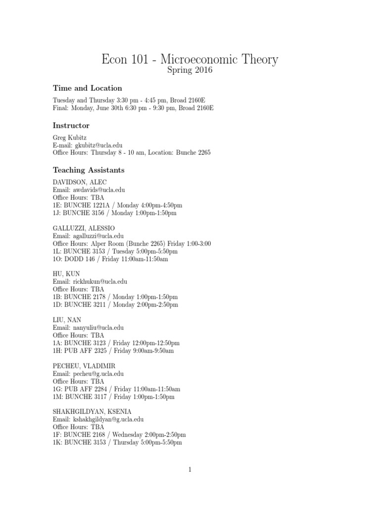Syllabus Econ 101 UCLA | PDF | Microeconomics | Economic Theories