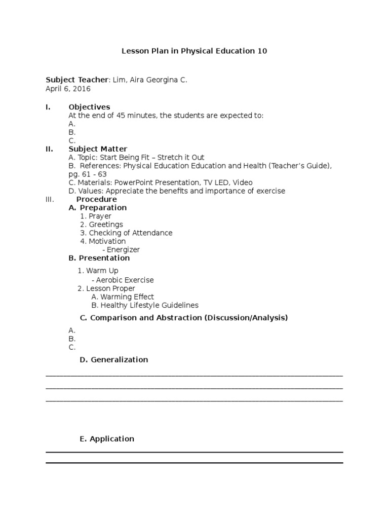 Grade 10 Physical Education Lesson Plan | PDF