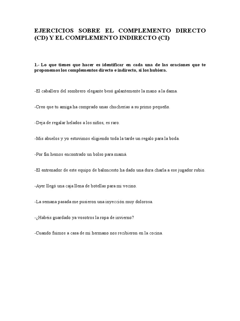 Ejercicios Sobre El Complemento Directo (Cd)