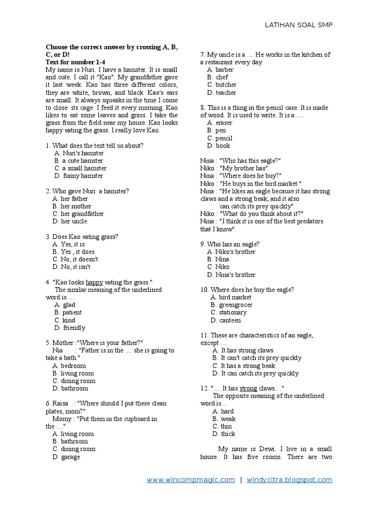 Choose the correct answer by crossing A, B, C, or D! Text