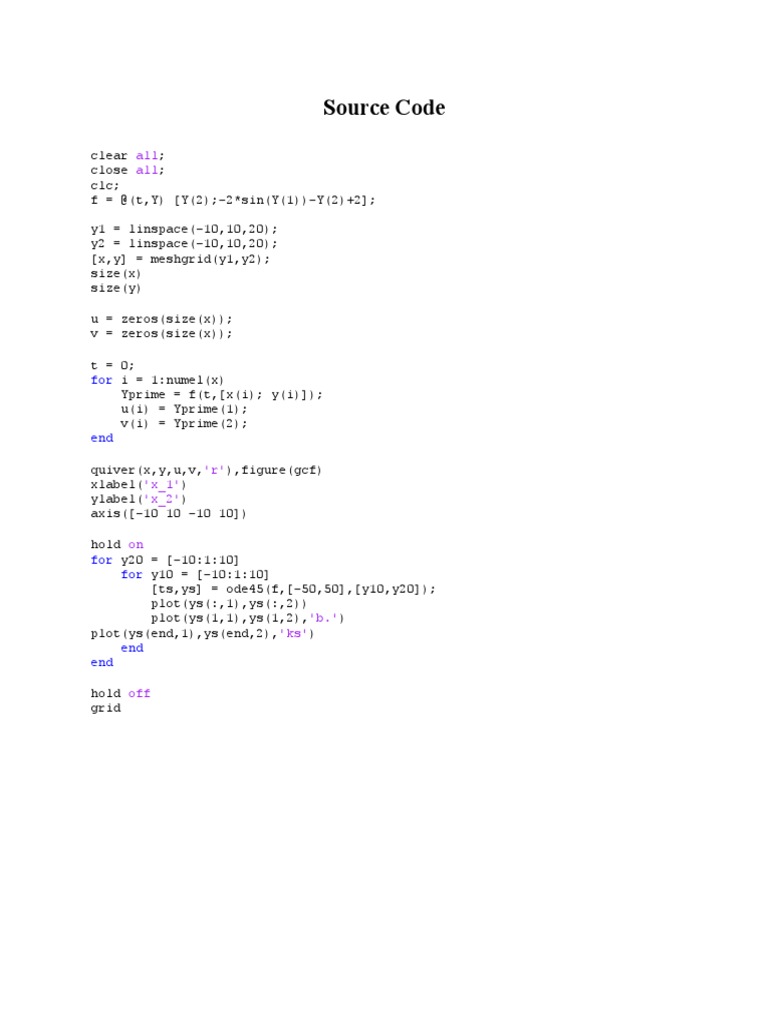 MATLAB Phase Plane Analysis Code | PDF