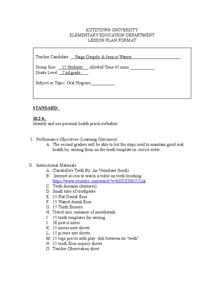 Oral Hygiene Lesson Plan for 2nd Grade | PDF | Oral Hygiene | Toothbrush