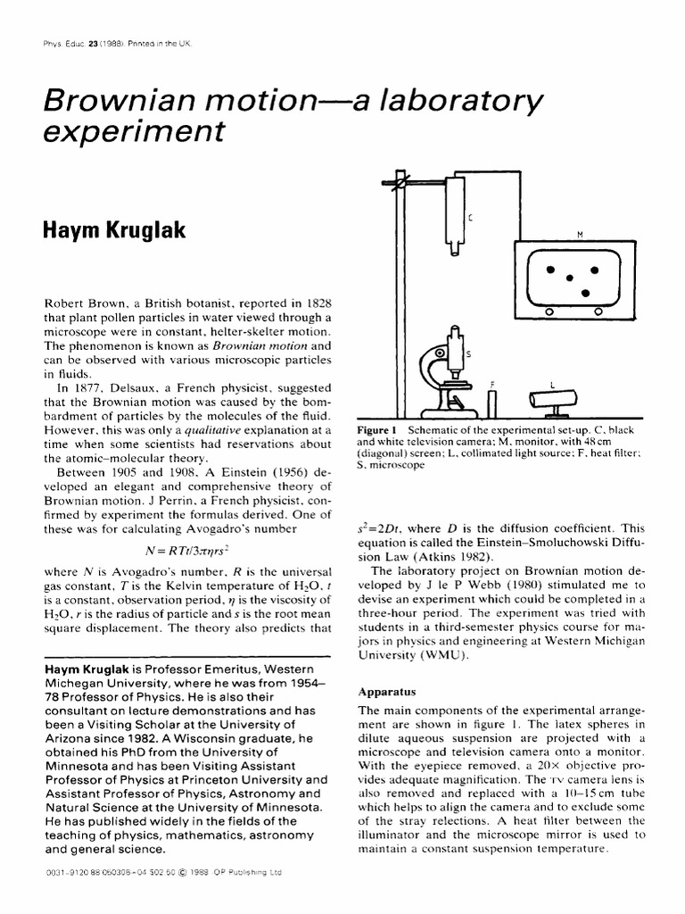 Brownian Motion A Laboratory Experiment Brownian Motion Physical