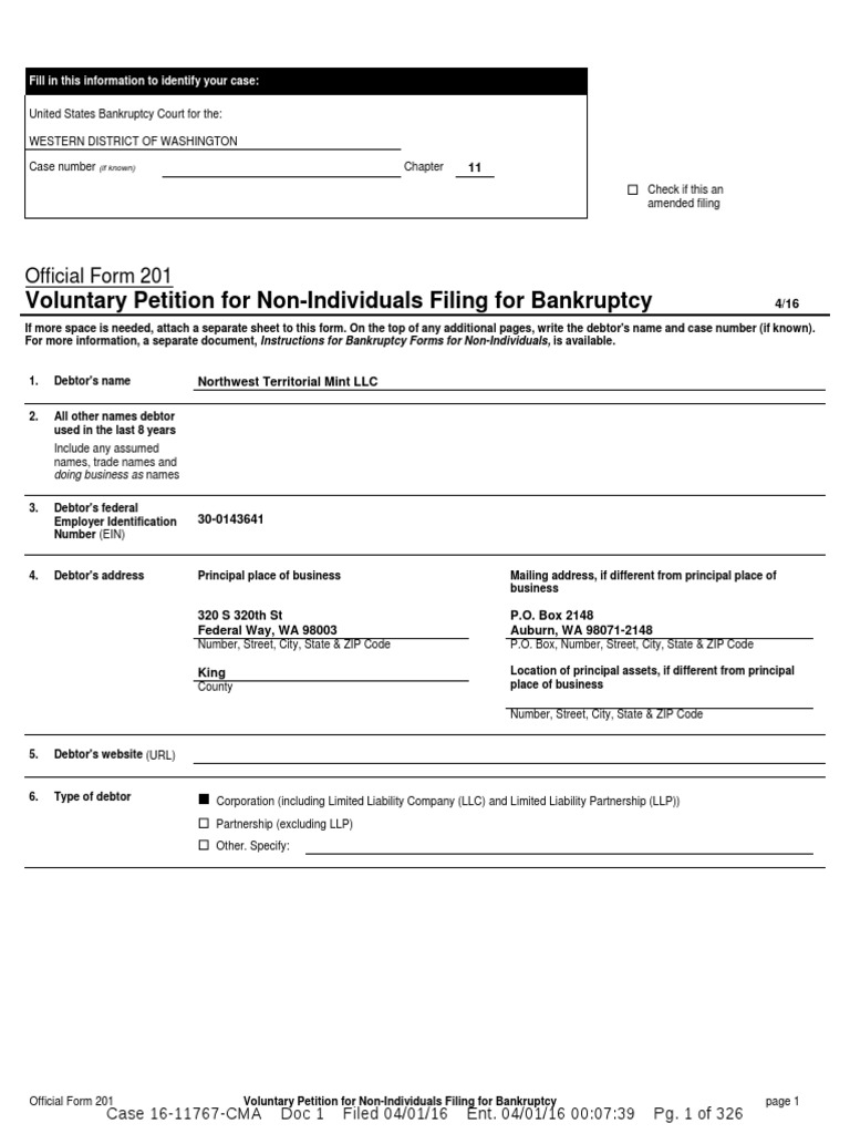 Northwest Territorial Mint Bankruptcy Filing | PDF | Bankruptcy | Business