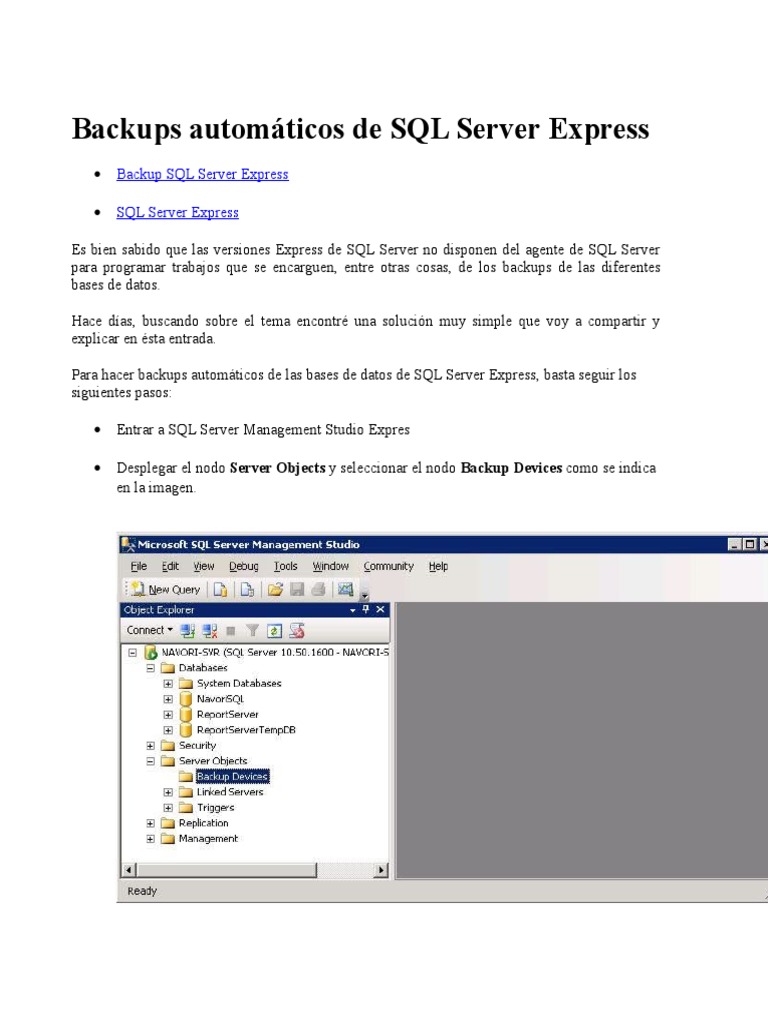 Backups Automáticos en SQL Server Express | PDF | Apoyo | Servidor SQL ...