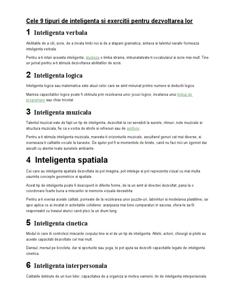 Cele 9 Tipuri de Inteligenta Si Exercitii Pentru Dezvoltarea Lor | PDF