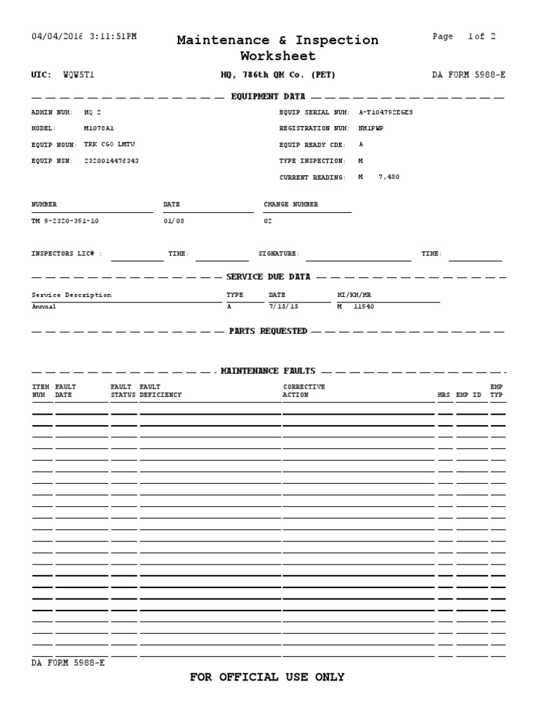 Maintenance & Inspection Worksheet For Official Use Only PDF