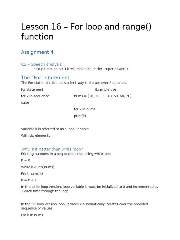 Lesson 16 - For Loop and Range Function: Assignment 4 | PDF